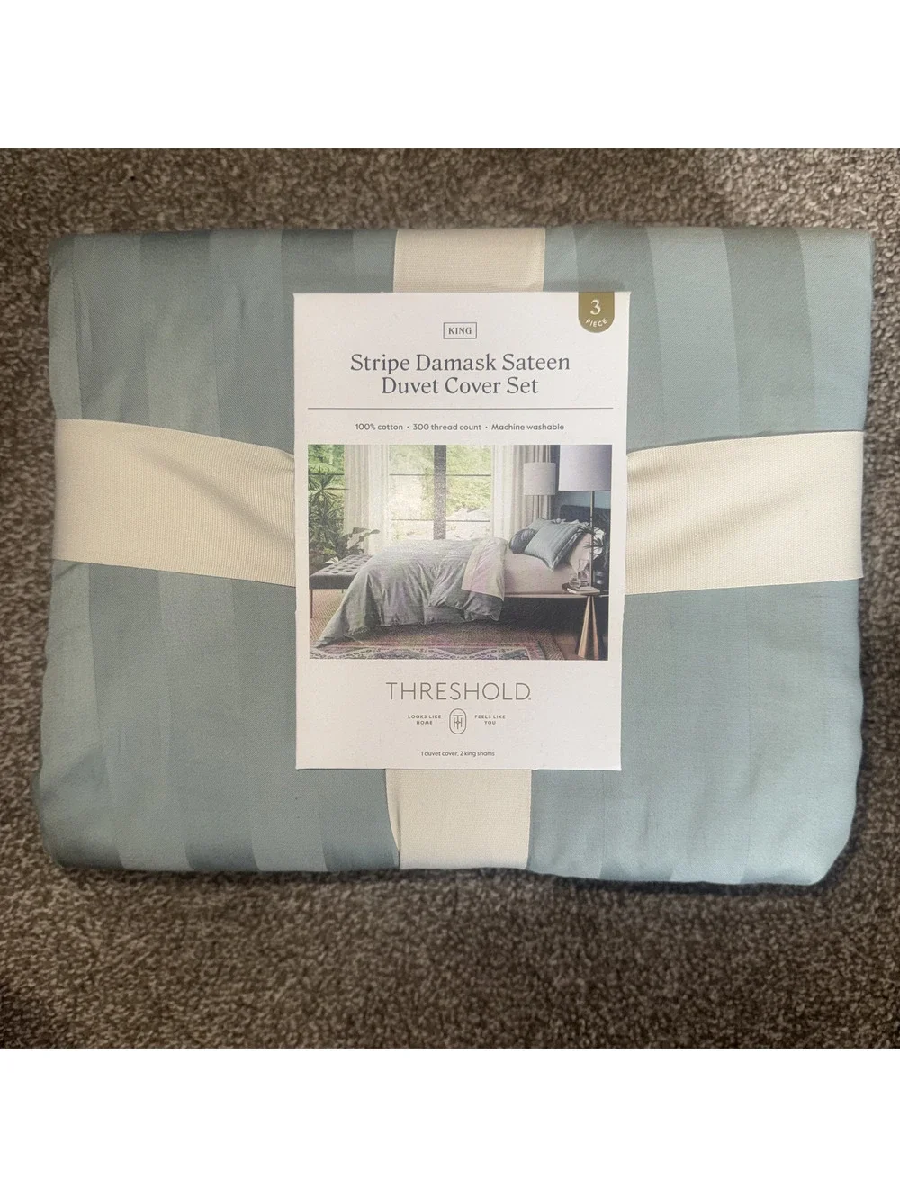 Threshold King Stripe Damask Sateen Duvet Cover Set 3 Piece 100% Cotton
